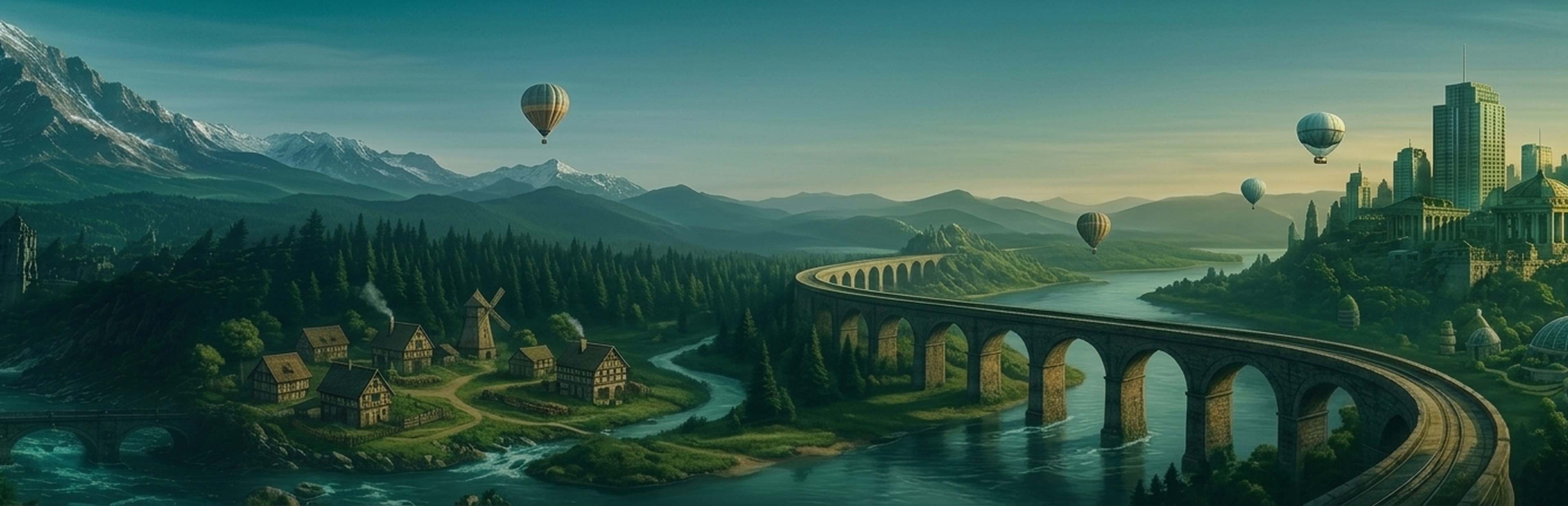 Concept art of a settlement, forest, river, viaduct, mountains, and a distant city sharing one landscape